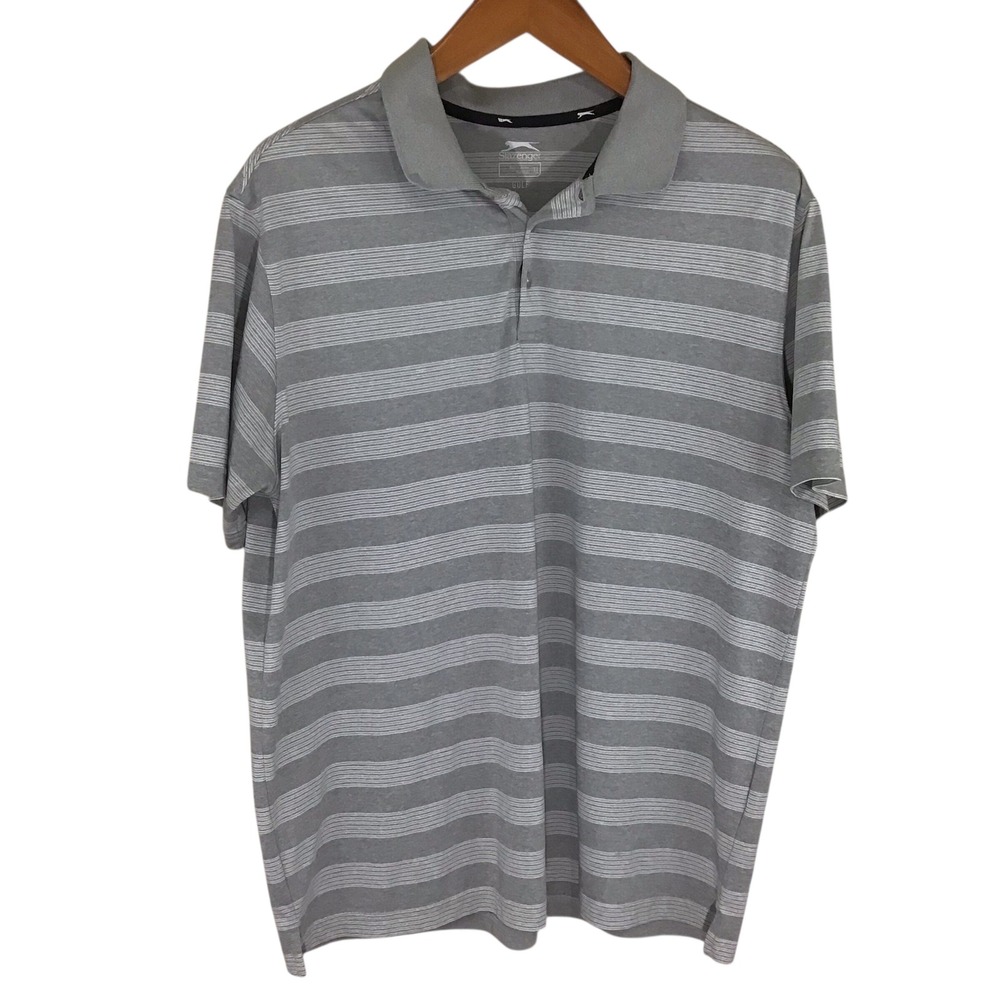 Slazenger Golf Mens XL Gray‎ White Stripe Short Sleeve Polo Shirt